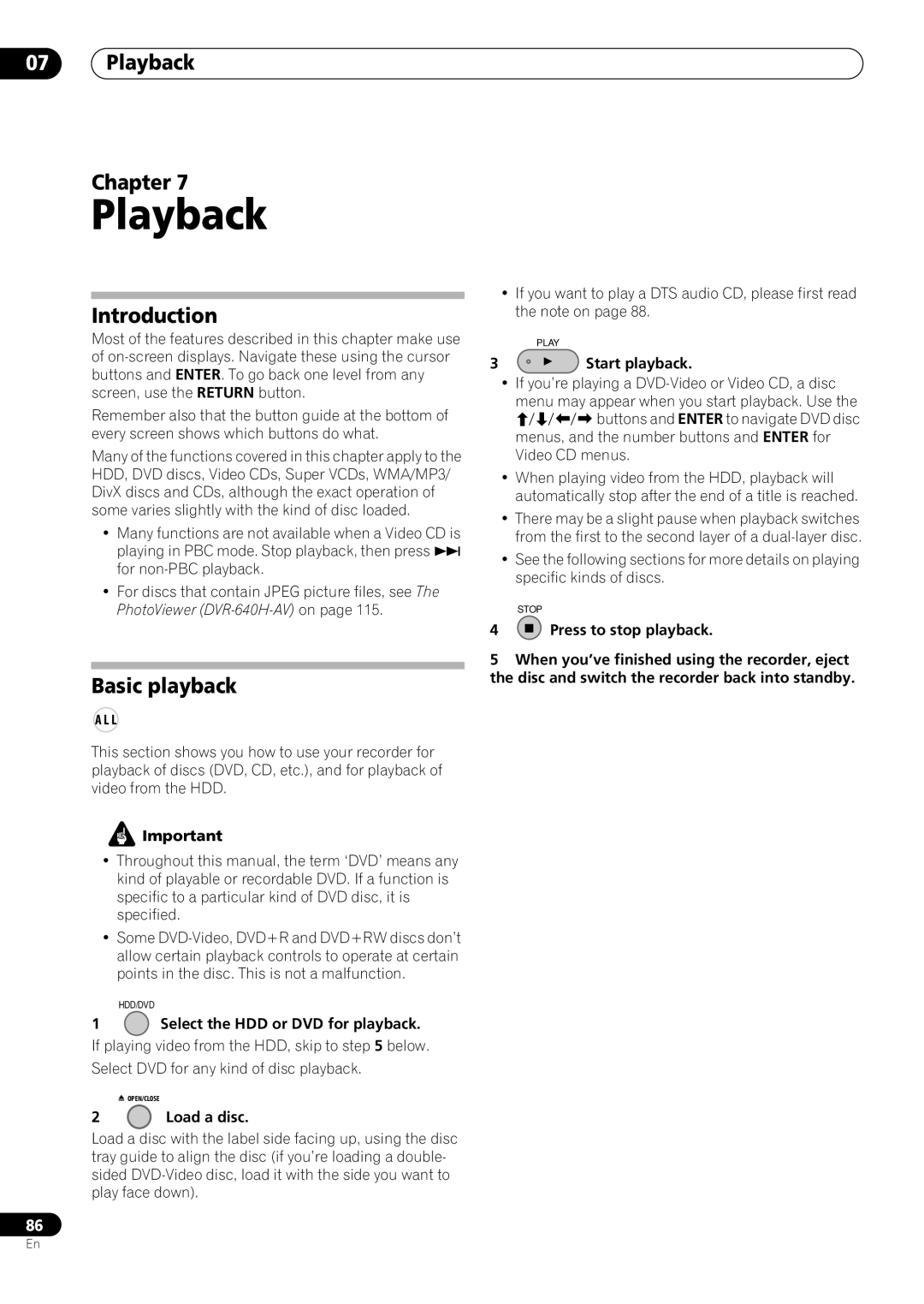 Pioneer RCS-404H, RCS-505H, RCS-606H manual Playback Chapter, Introduction, Basic playback 