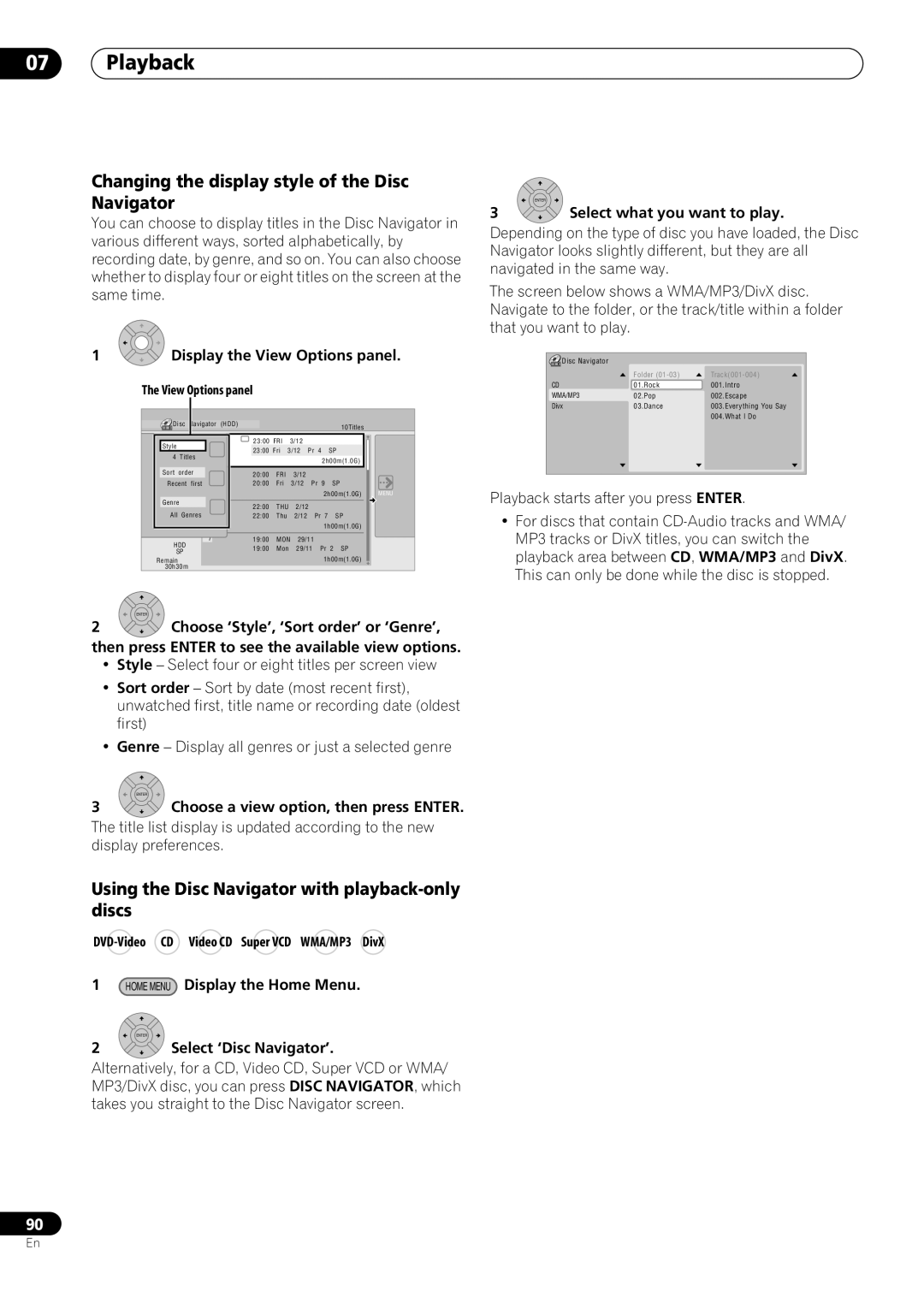 Pioneer RCS-505H manual Changing the display style of the Disc Navigator, Using the Disc Navigator with playback-only discs 