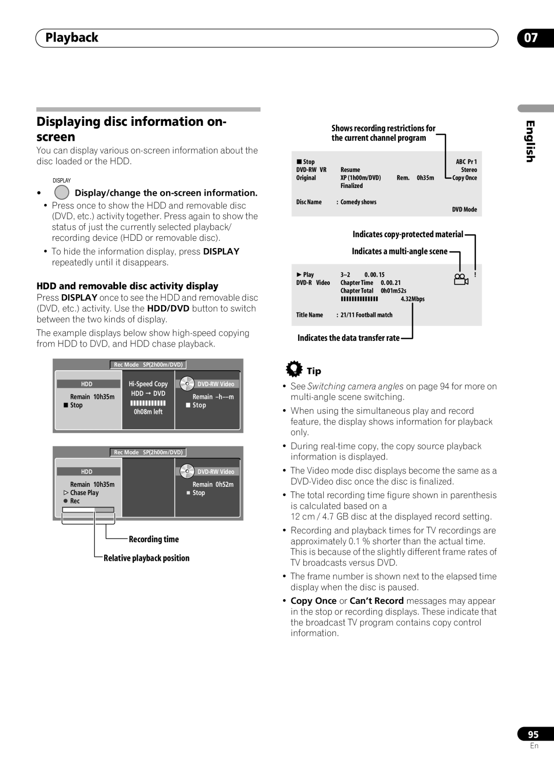 Pioneer RCS-404H, RCS-505H manual Playback Displaying disc information on- screen, HDD and removable disc activity display 