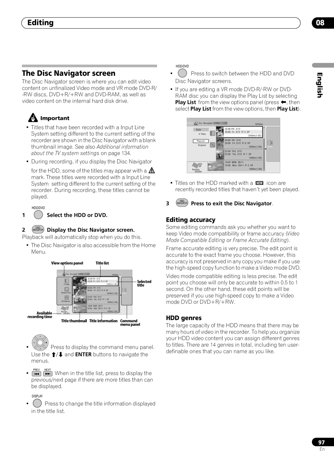 Pioneer RCS-606H, RCS-505H, RCS-404H Editing Disc Navigator screen, Editing accuracy, HDD genres, Select the HDD or DVD 