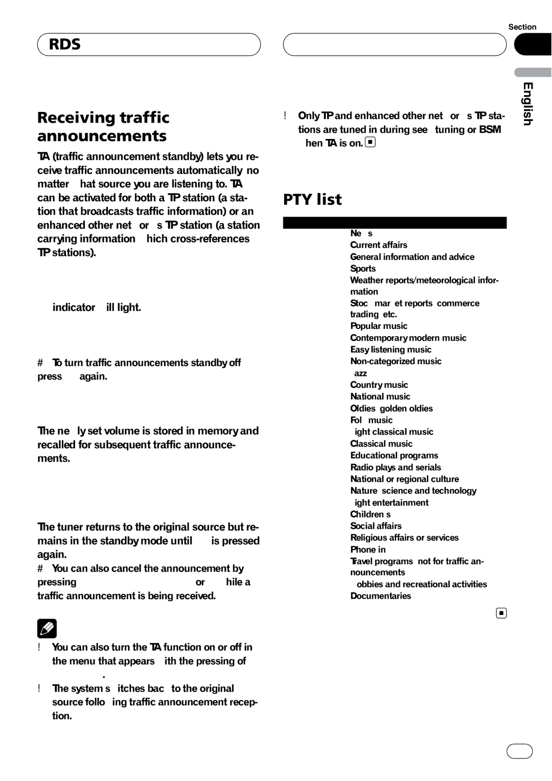 Pioneer RDS DEH-P40MP operation manual Receiving traffic announcements, PTY list 