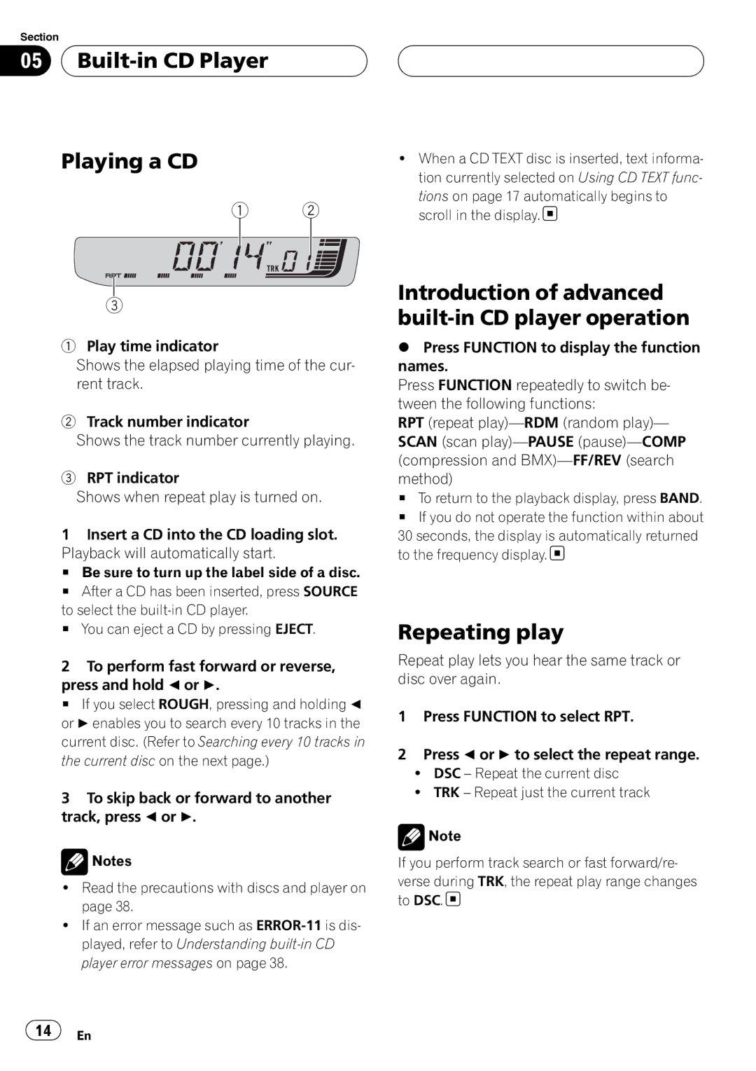 Pioneer RDS DEH-P40MP Built-in CD Player Playing a CD, Introduction of advanced built-in CD player operation 