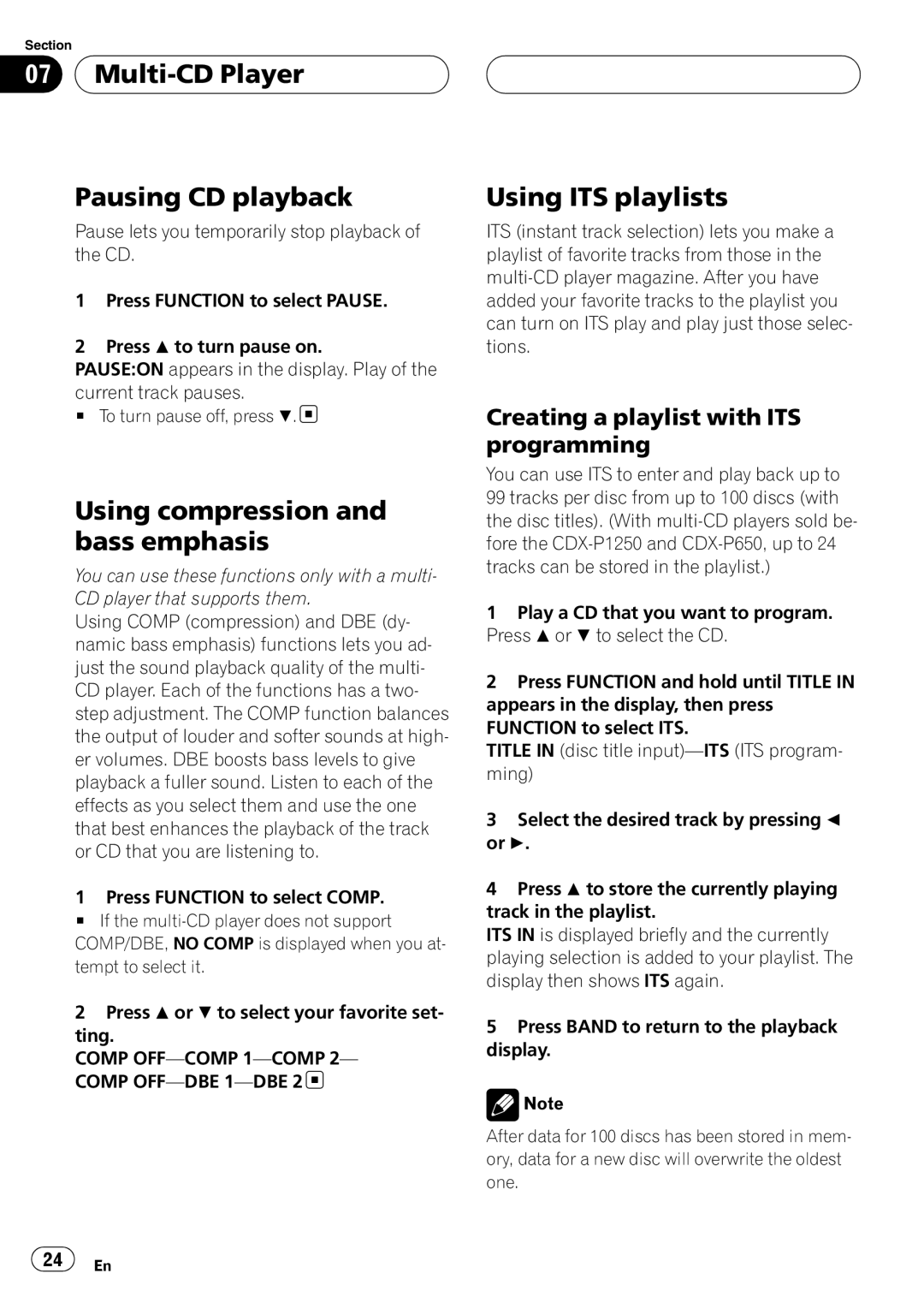 Pioneer RDS DEH-P40MP Multi-CD Player Pausing CD playback, Using compression and bass emphasis, Using ITS playlists 