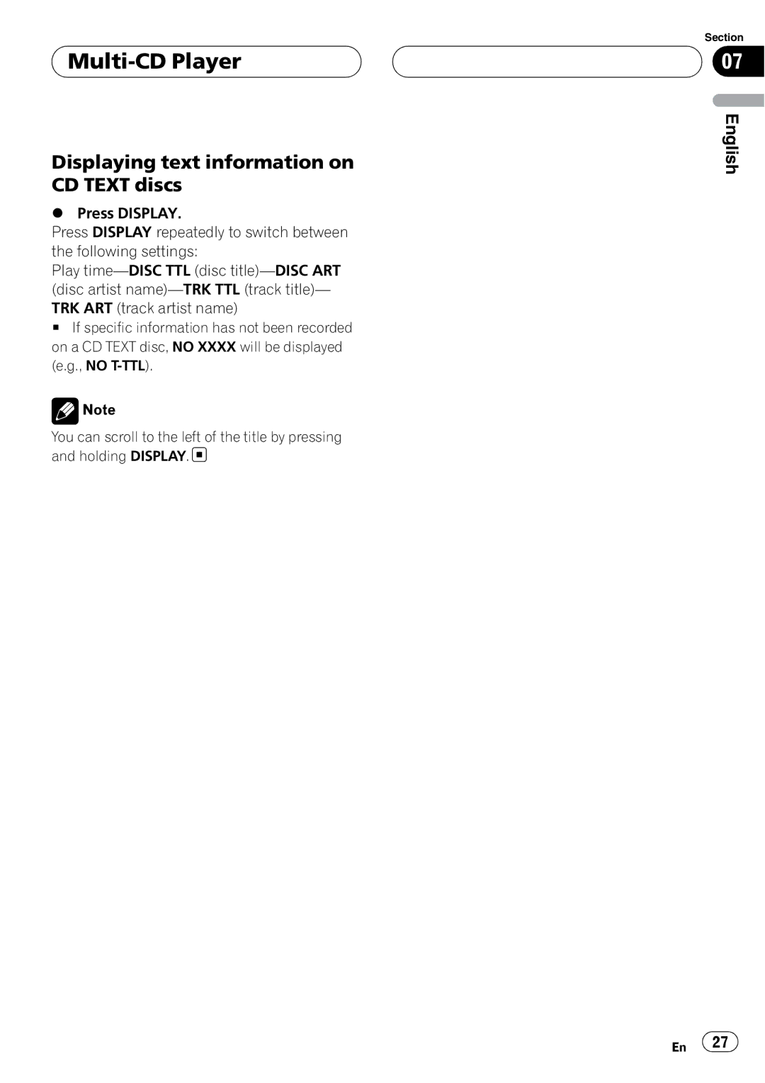 Pioneer RDS DEH-P40MP operation manual Displaying text information on CD Text discs 