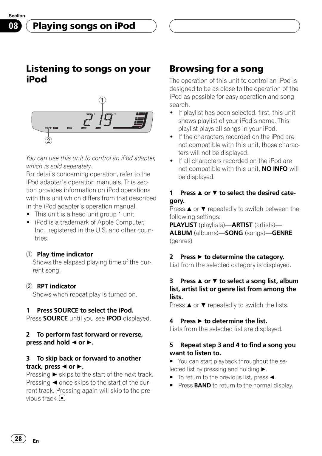 Pioneer RDS DEH-P40MP operation manual Playing songs on iPod Listening to songs on your iPod, Browsing for a song 