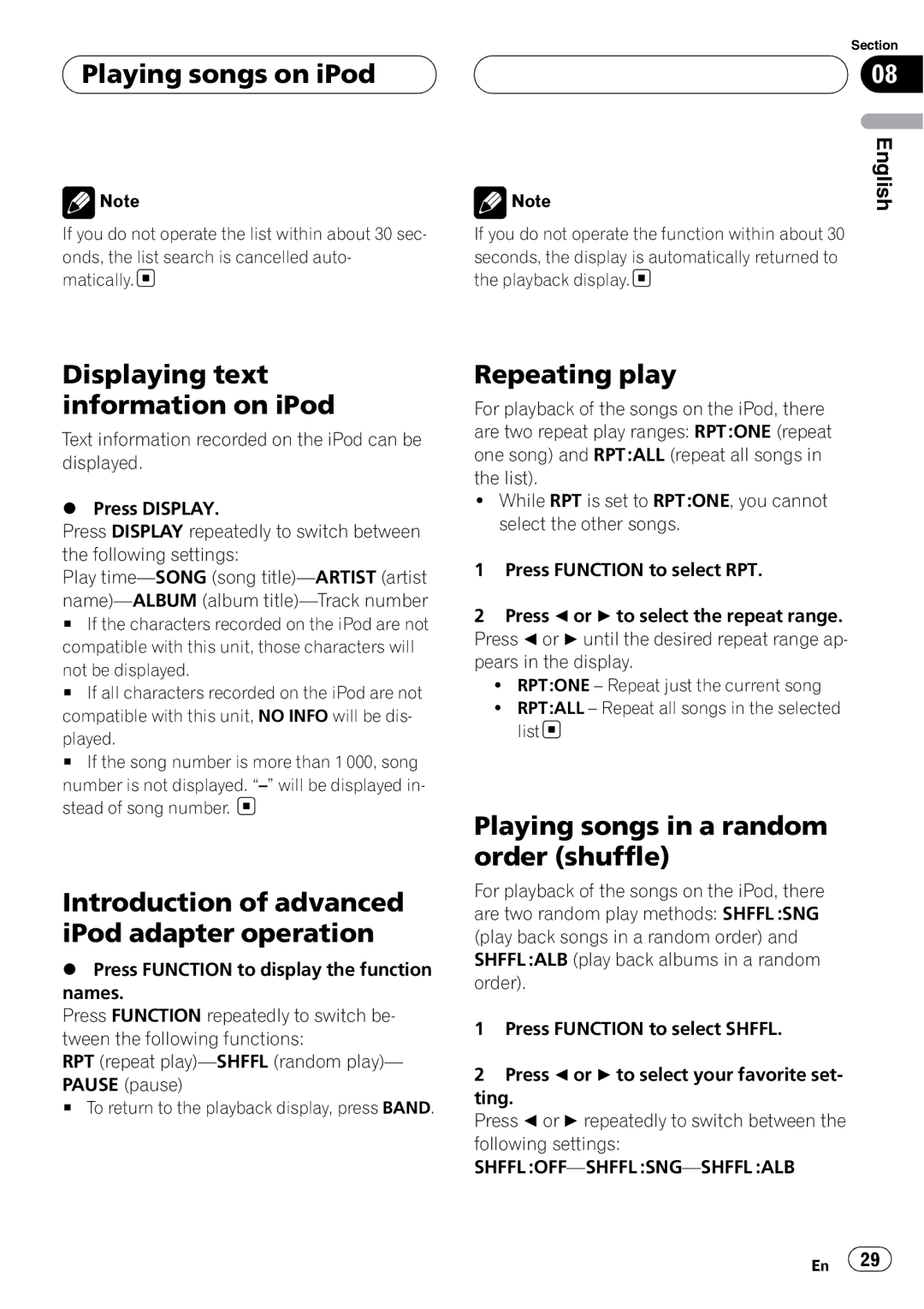 Pioneer RDS DEH-P40MP Playing songs on iPod, Displaying text information on iPod, Playing songs in a random order shuffle 