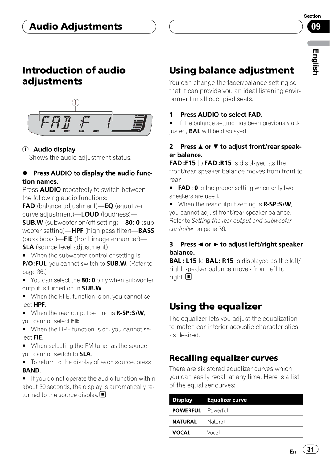 Pioneer RDS DEH-P40MP Audio Adjustments Introduction of audio adjustments, Using balance adjustment, Using the equalizer 