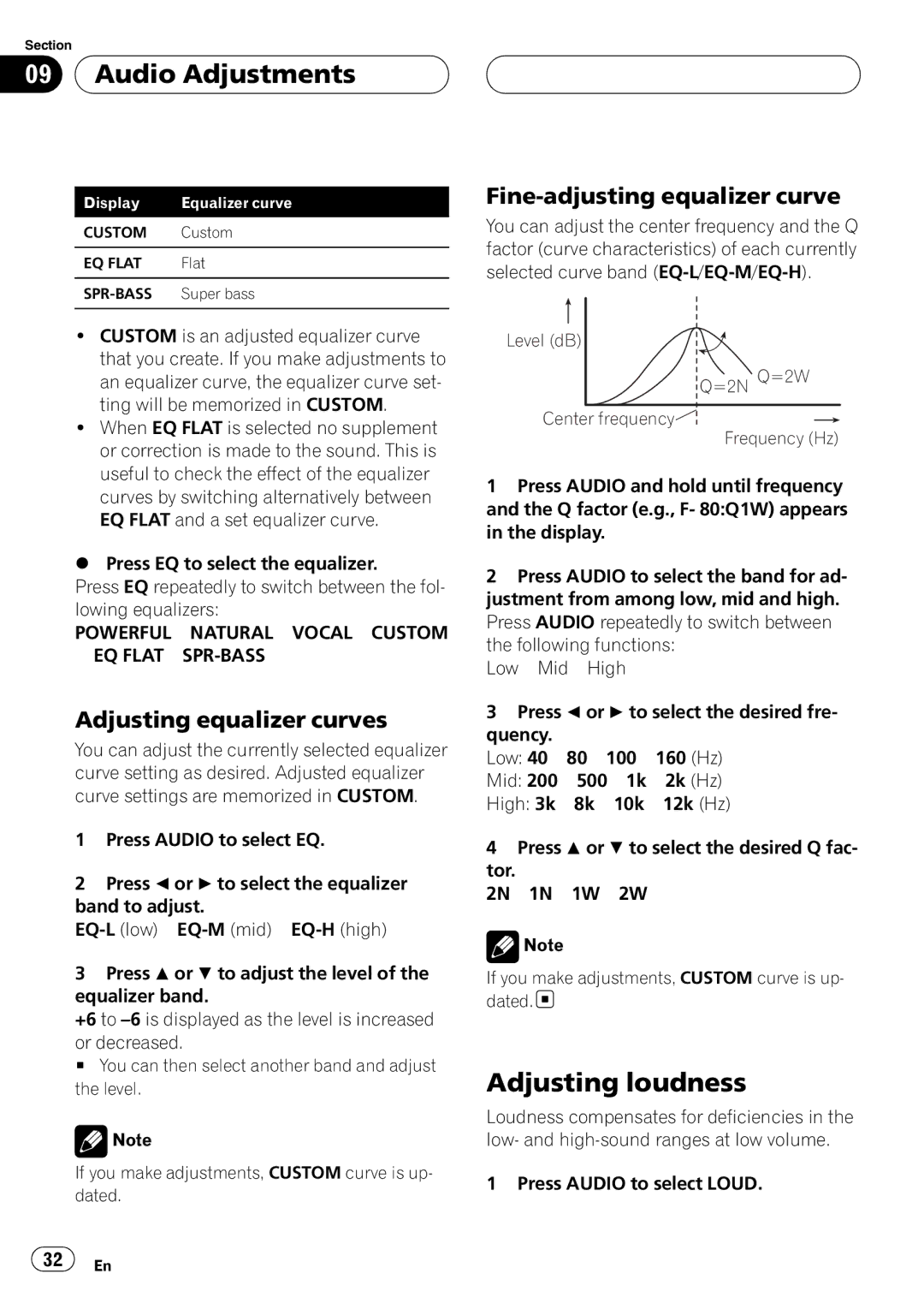 Pioneer RDS DEH-P40MP Audio Adjustments, Adjusting loudness, Adjusting equalizer curves, Fine-adjusting equalizer curve 