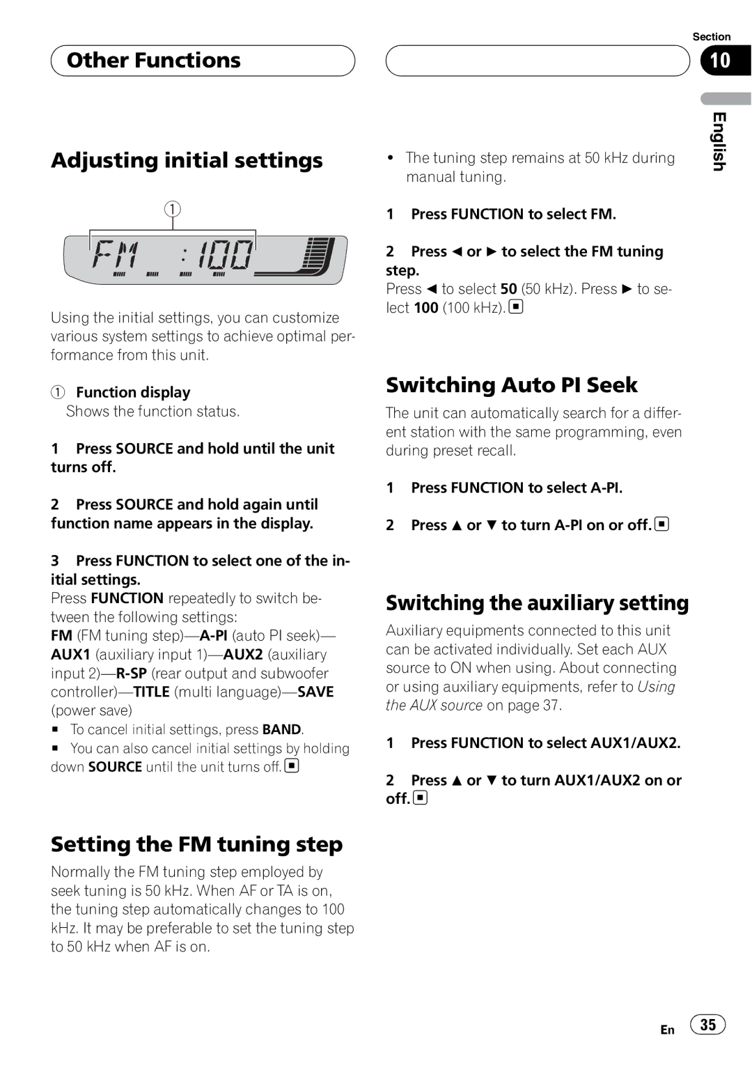 Pioneer RDS DEH-P40MP Other Functions Adjusting initial settings, Setting the FM tuning step, Switching Auto PI Seek 