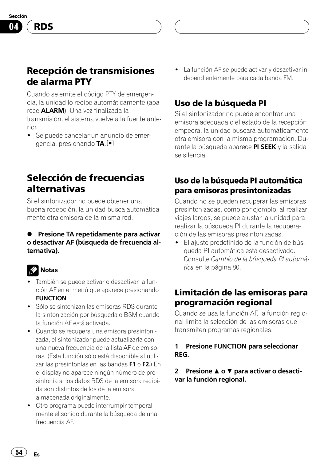 Pioneer RDS DEH-P40MP operation manual Recepción de transmisiones de alarma PTY, Selección de frecuencias alternativas 