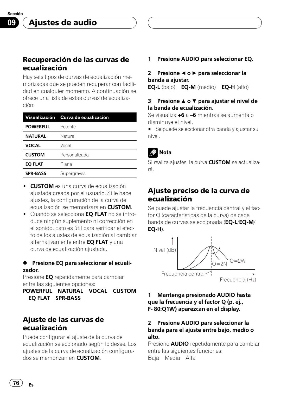 Pioneer RDS DEH-P40MP Ajustes de audio, Recuperación de las curvas de ecualización, Ajuste de las curvas de ecualización 