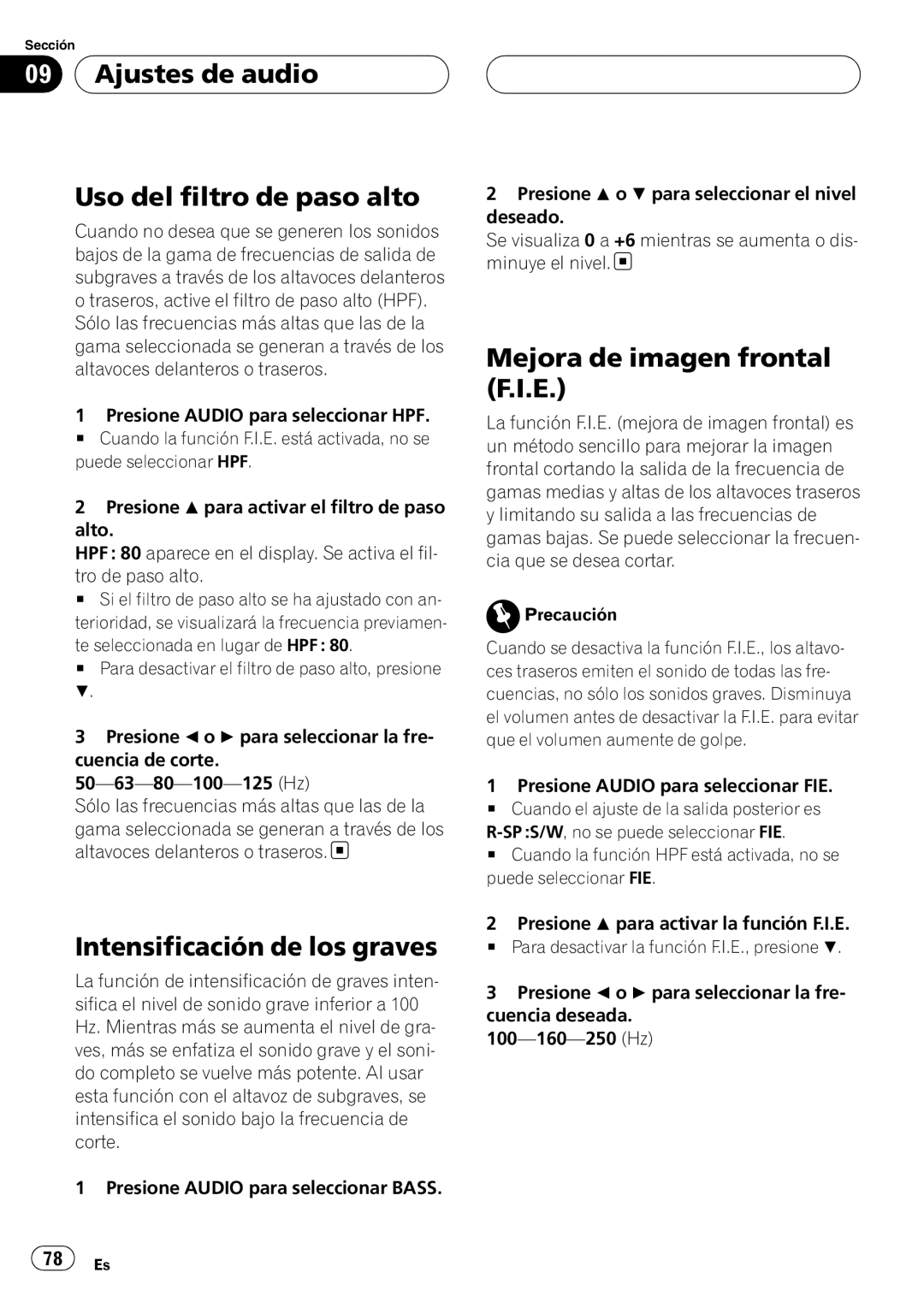 Pioneer RDS DEH-P40MP operation manual Ajustes de audio Uso del filtro de paso alto, Intensificación de los graves 