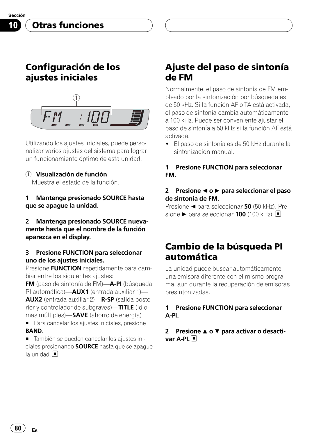 Pioneer RDS DEH-P40MP Otras funciones Configuración de los ajustes iniciales, Ajuste del paso de sintonía de FM 