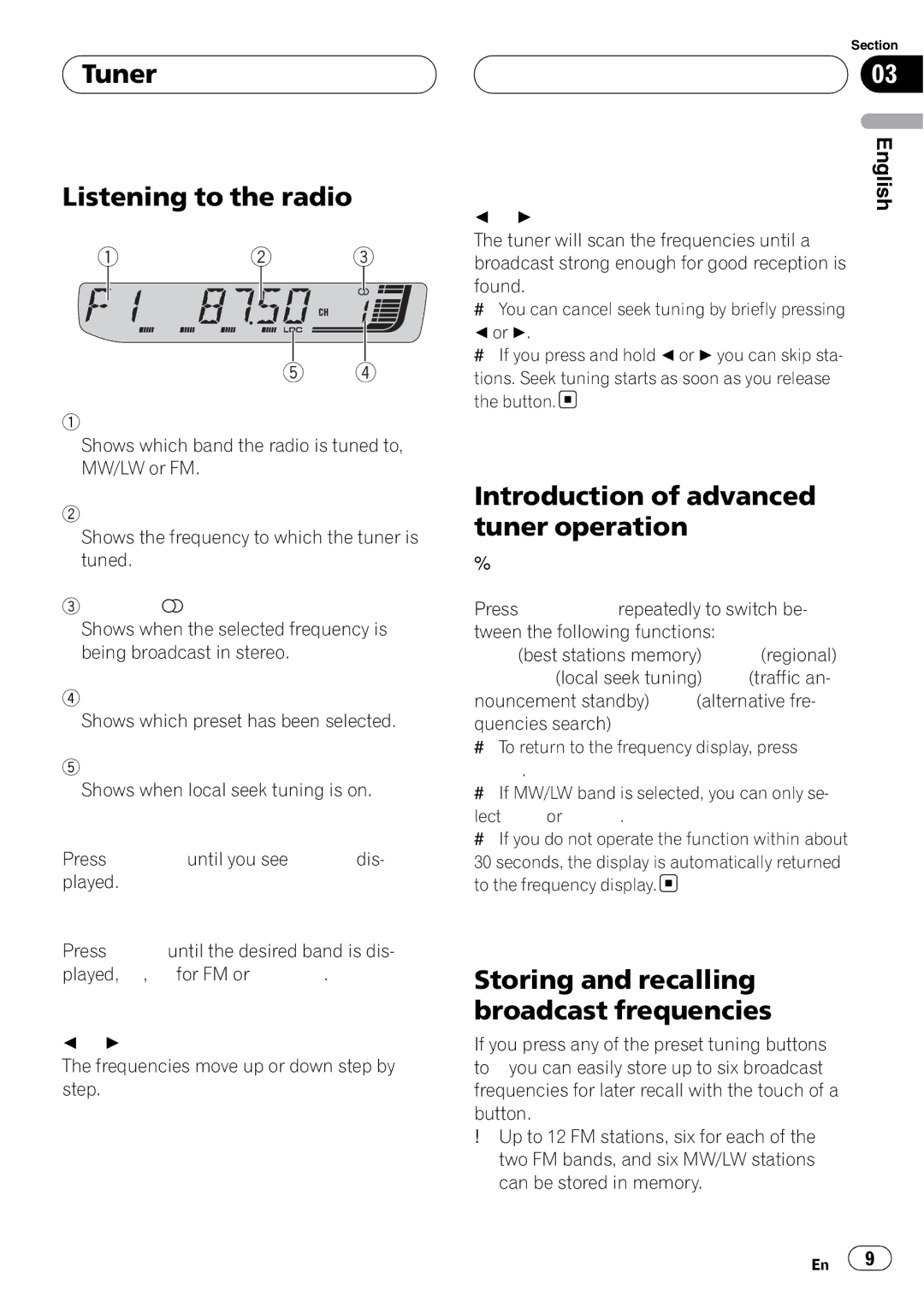 Pioneer RDS DEH-P40MP operation manual Tuner Listening to the radio, Introduction of advanced tuner operation, Band 