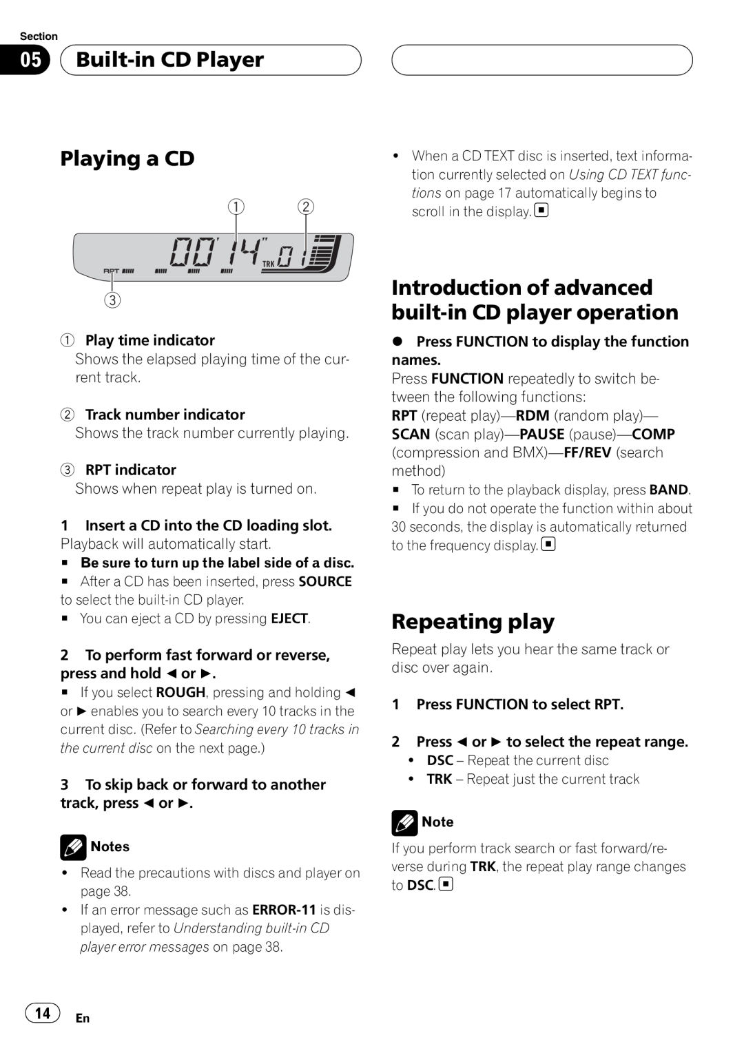 Pioneer RDS DEH-P40MP operation manual 05Built-inCD Player, Playing a CD, Repeating play 