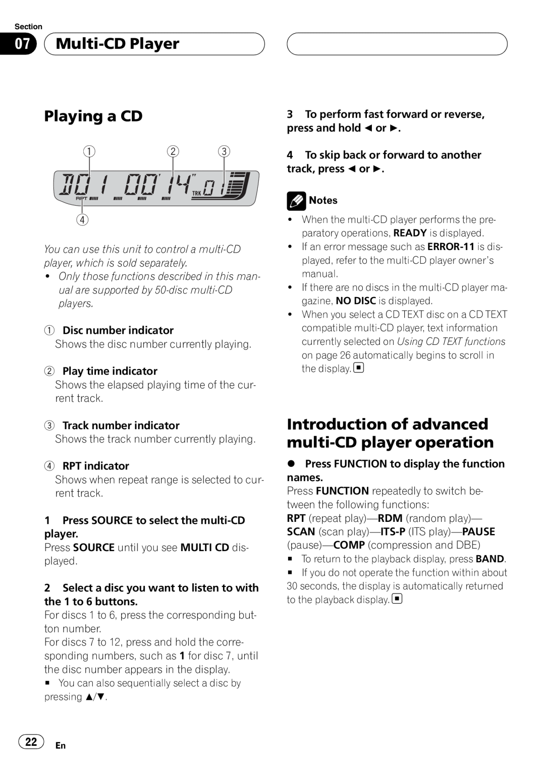 Pioneer RDS DEH-P40MP operation manual 07Multi-CDPlayer, Introduction of advanced multi-CDplayer operation, Playing a CD 