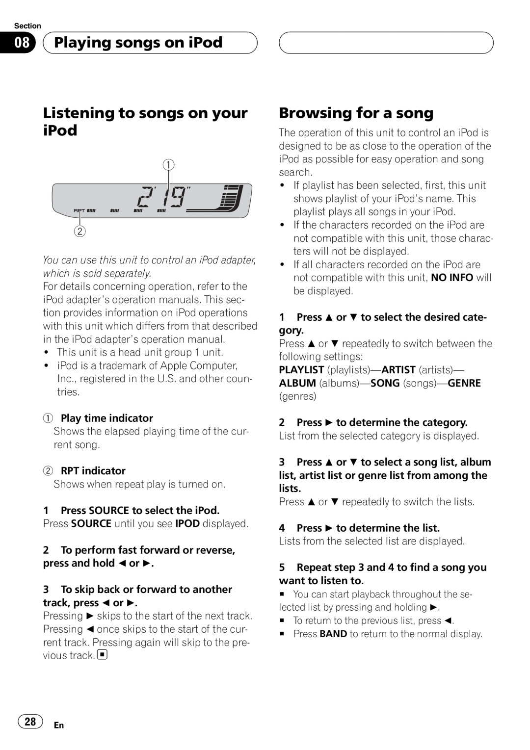 Pioneer RDS DEH-P40MP operation manual Playing songs on iPod, Listening to songs on your iPod, Browsing for a song 