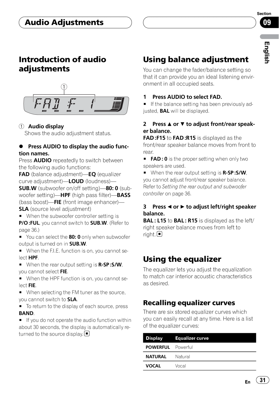 Pioneer RDS DEH-P40MP Audio Adjustments, Introduction of audio adjustments, Using balance adjustment, Using the equalizer 