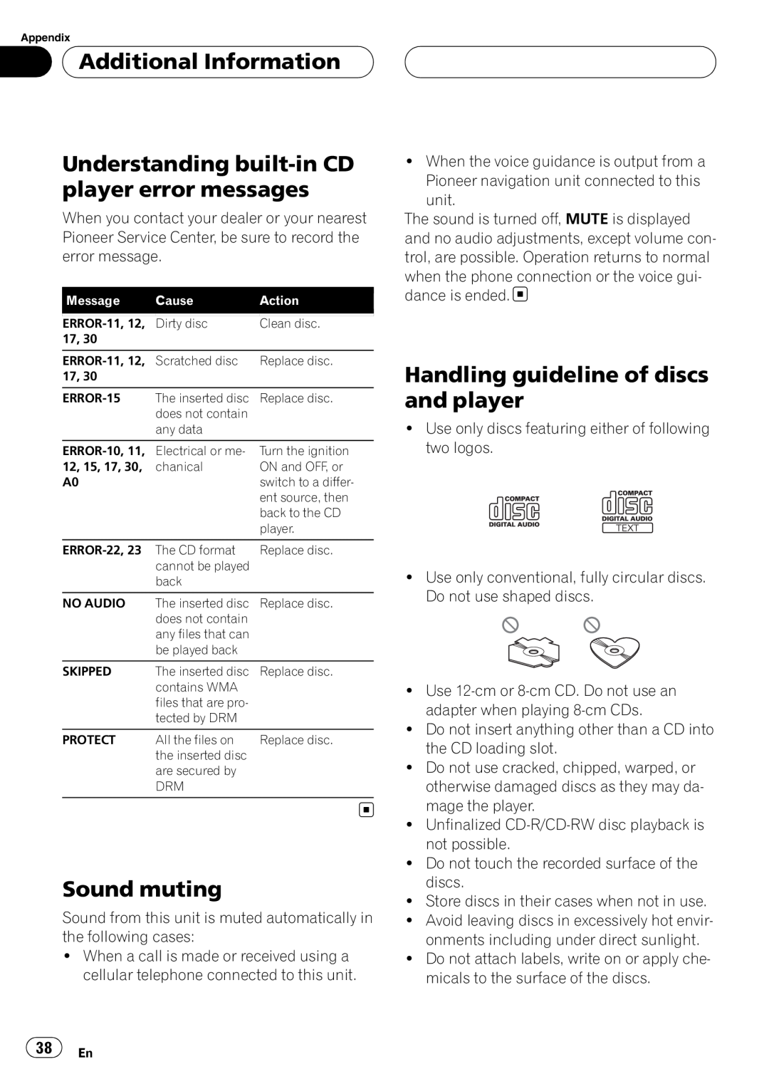 Pioneer RDS DEH-P40MP operation manual Additional Information, Understanding built-inCD player error messages, Sound muting 