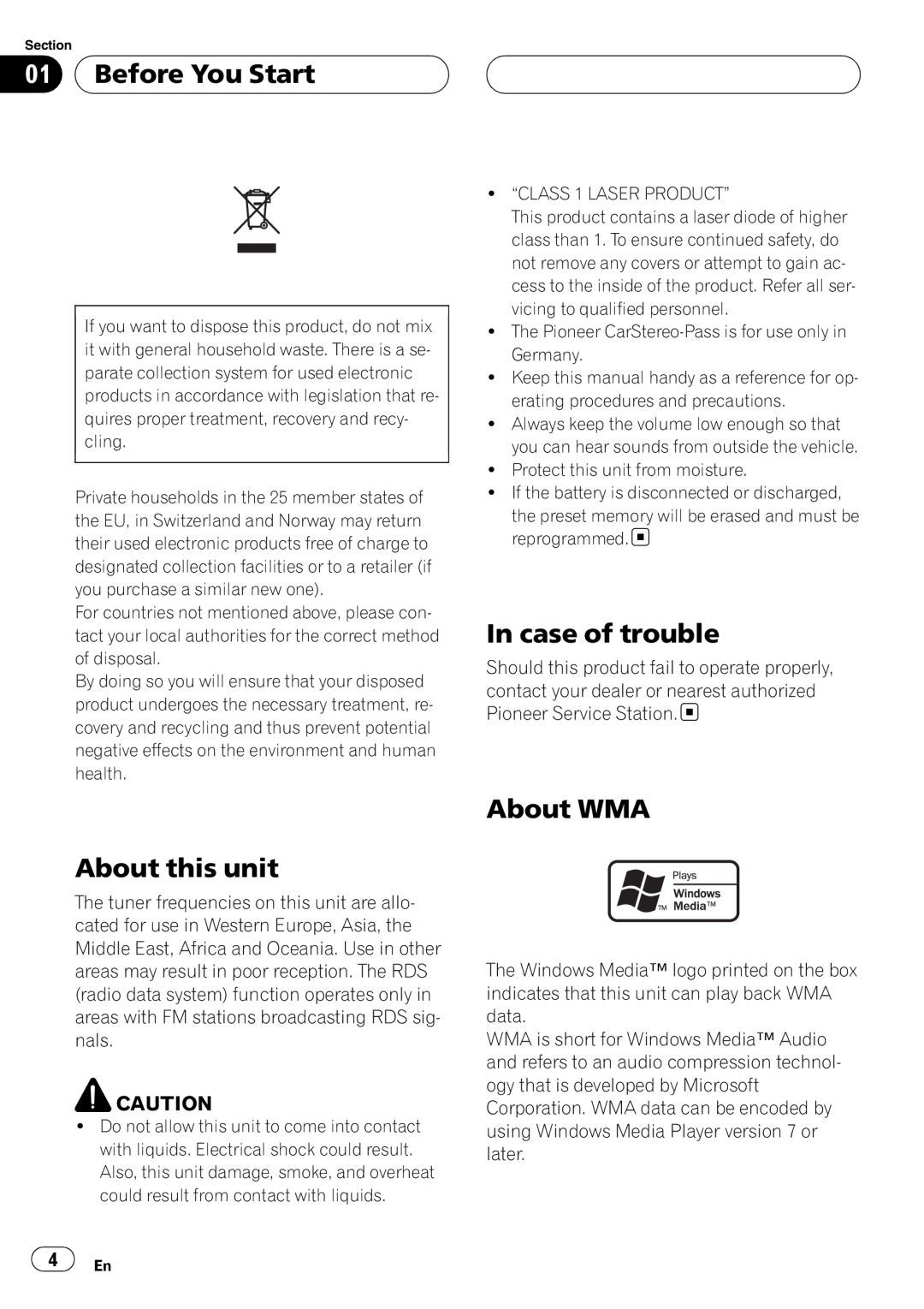 Pioneer RDS DEH-P40MP operation manual Before You Start, About this unit, In case of trouble, About WMA 