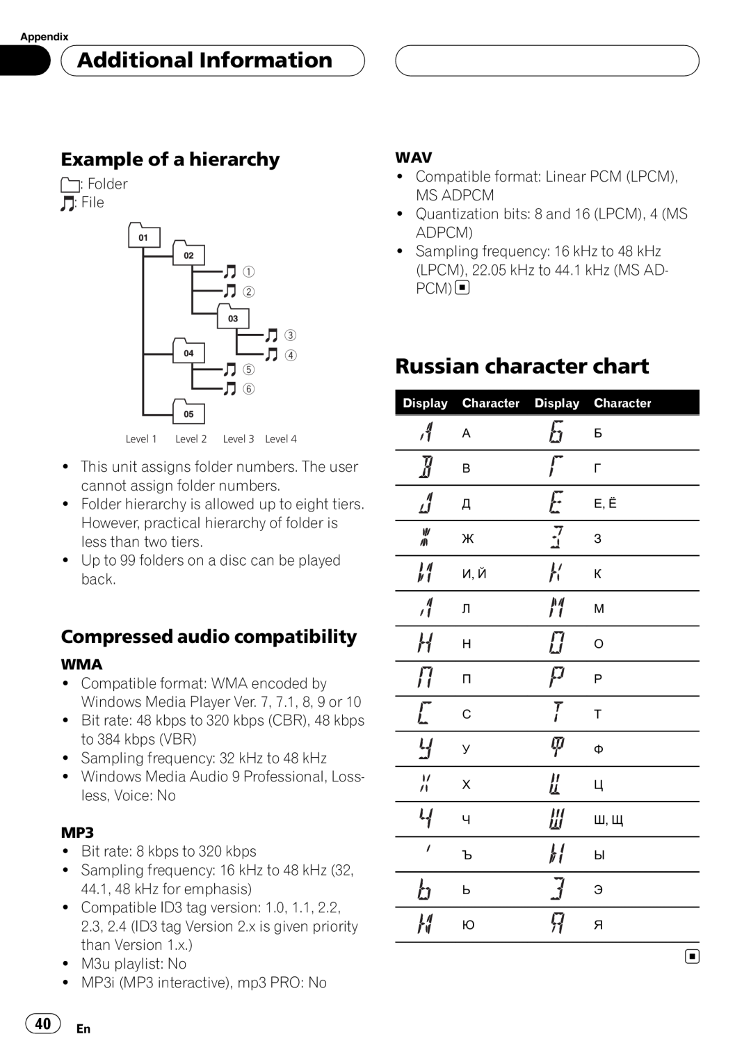 Pioneer RDS DEH-P40MP operation manual Russian character chart, Example of a hierarchy, Compressed audio compatibility 