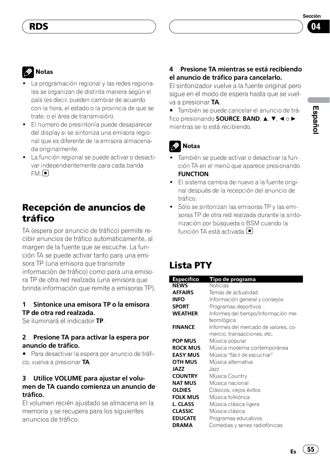 Pioneer RDS DEH-P40MP operation manual Recepción de anuncios de tráfico, Lista PTY 