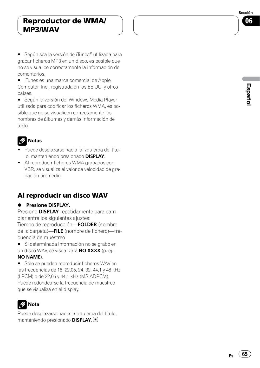 Pioneer RDS DEH-P40MP operation manual Al reproducir un disco WAV, Reproductor de WMA/ MP3/WAV, Español 