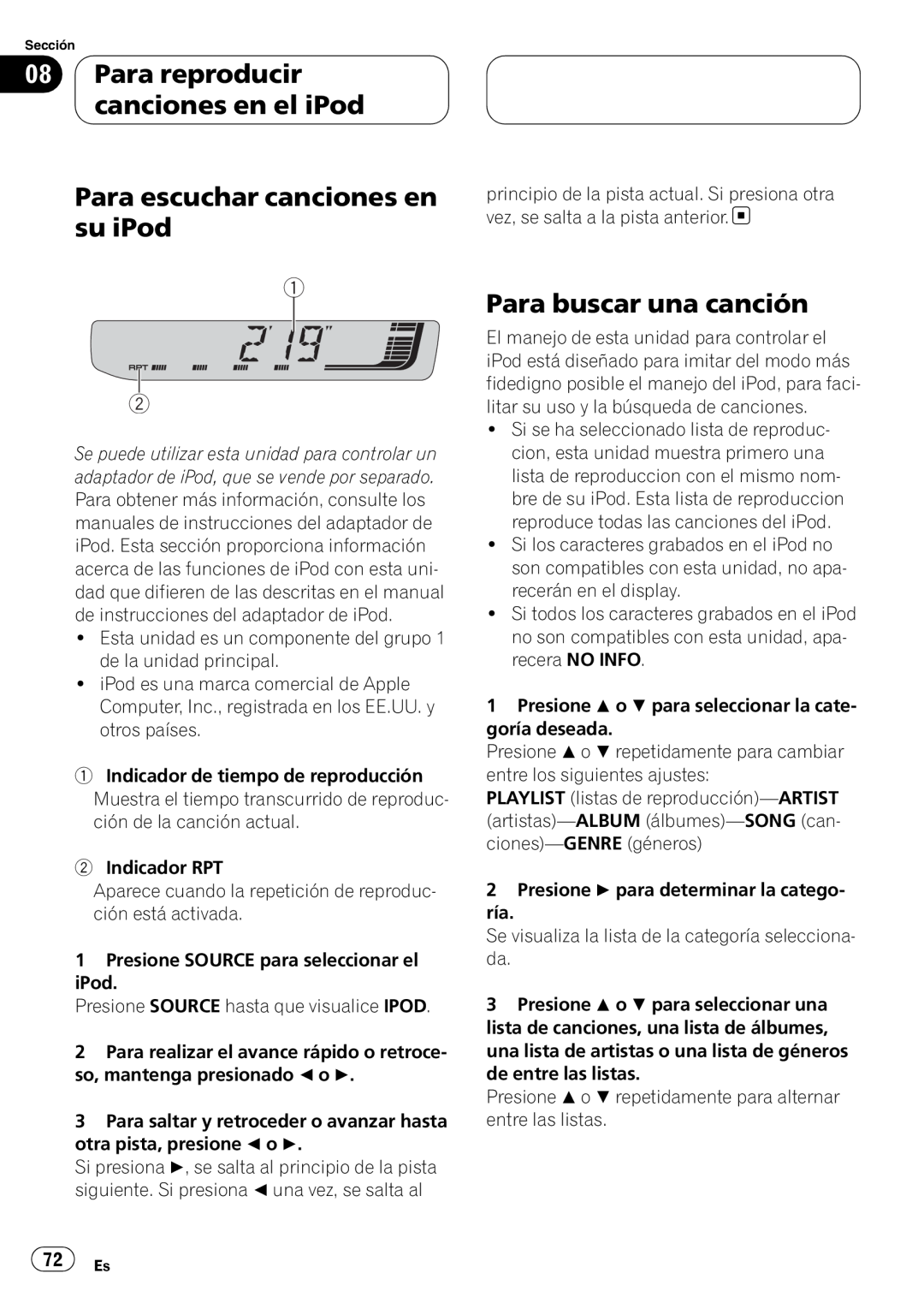Pioneer RDS DEH-P40MP Para reproducir canciones en el iPod, Para escuchar canciones en su iPod, Para buscar una canción 