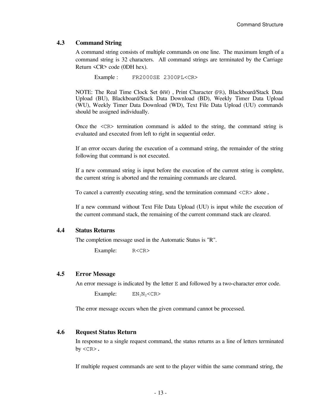 Pioneer RS-232C manual Command String, Status Returns, Error Message, Request Status Return 