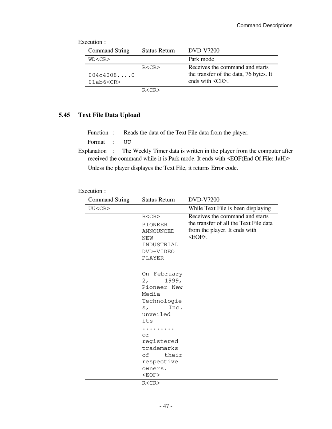 Pioneer RS-232C manual Text File Data Upload, Eof 