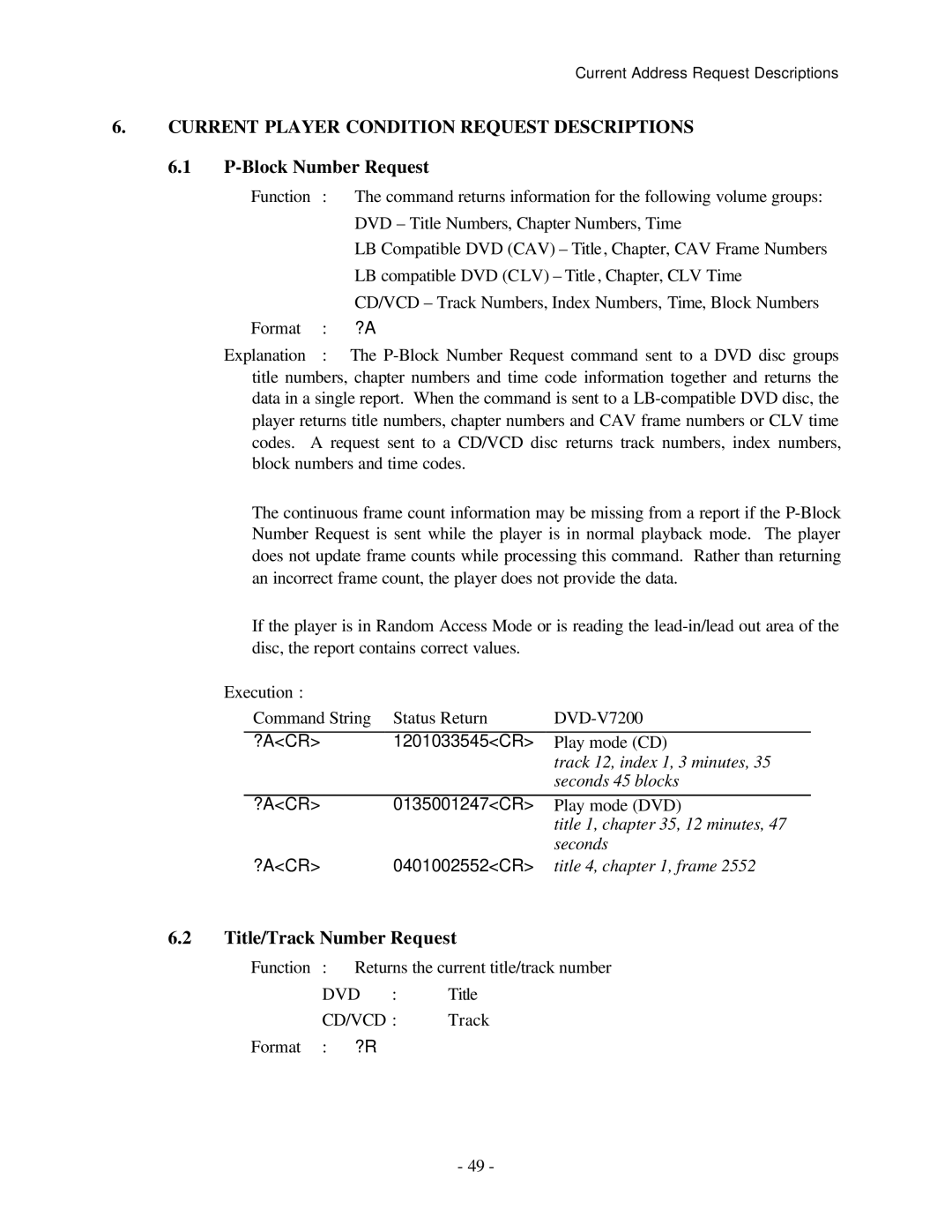 Pioneer RS-232C Current Player Condition Request Descriptions, Block Number Request, Title/Track Number Request, Cd/Vcd 