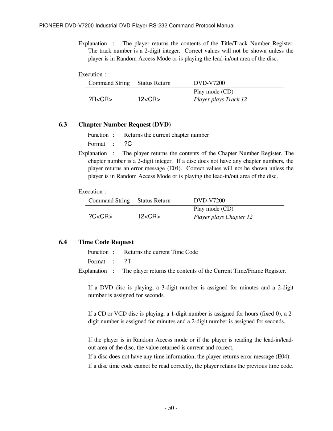 Pioneer RS-232C manual Chapter Number Request DVD, Time Code Request 