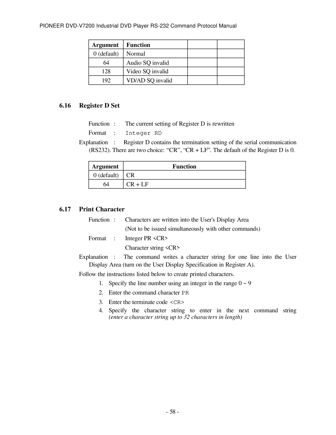 Pioneer RS-232C manual Register D Set, Print Character 