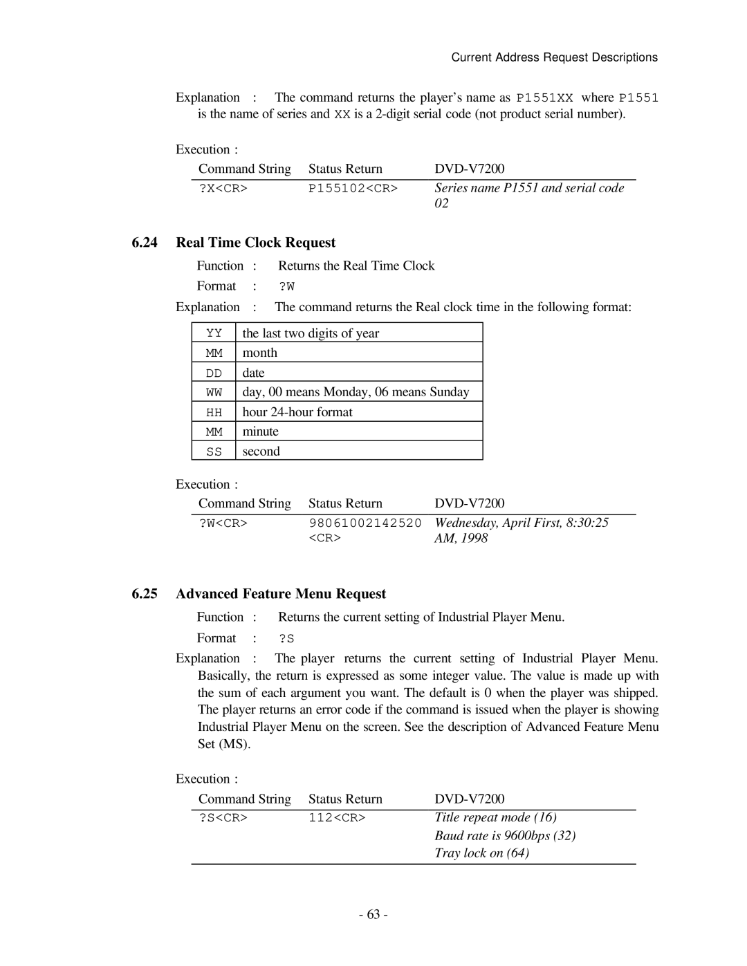 Pioneer RS-232C manual Real Time Clock Request, Advanced Feature Menu Request 