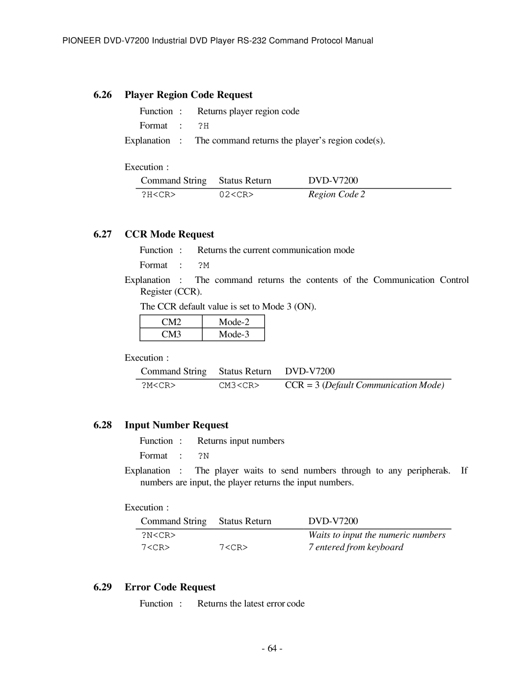 Pioneer RS-232C manual Player Region Code Request, CCR Mode Request, Input Number Request, Error Code Request 