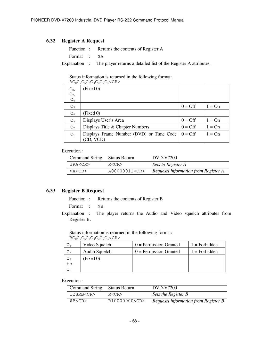 Pioneer RS-232C manual Register a Request, Register B Request, Cd, Vcd 