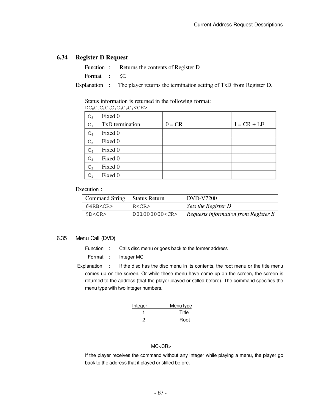 Pioneer RS-232C manual Register D Request, Menu Call DVD 