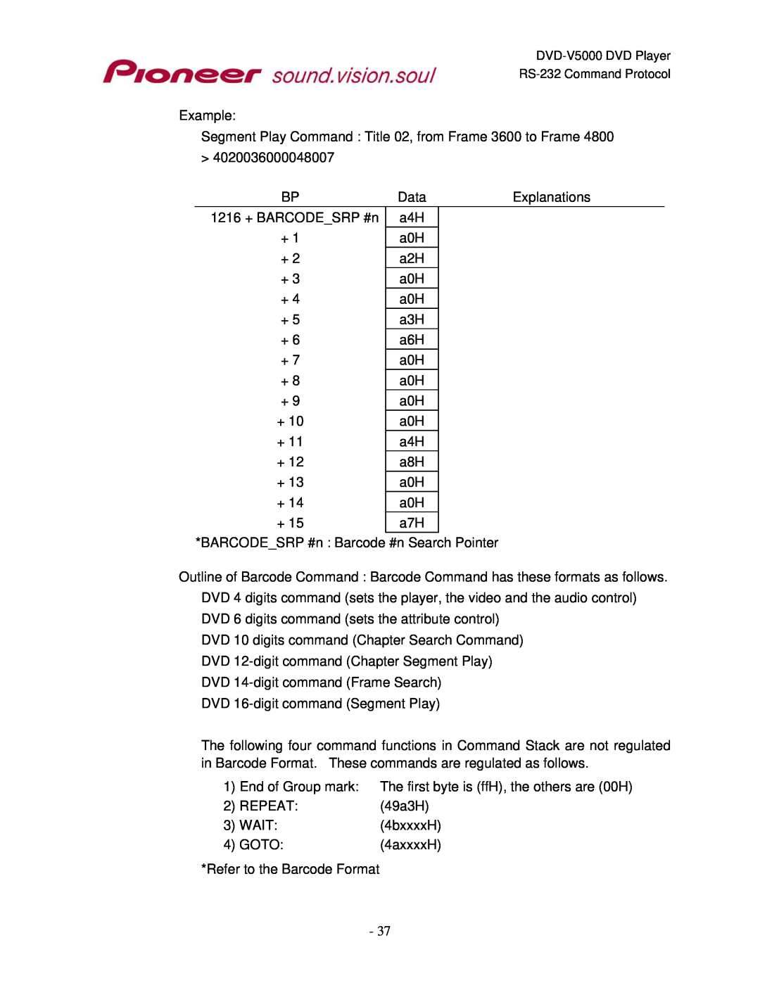 Pioneer RS-232C manual Example Segment Play Command Title 02, from Frame 3600 to Frame 4800 