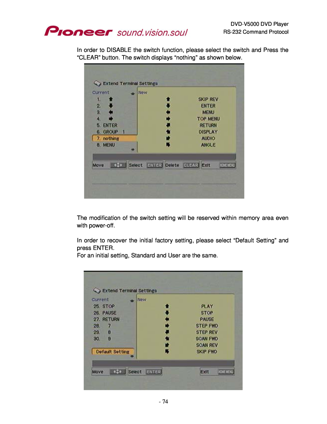 Pioneer RS-232C manual For an initial setting, Standard and User are the same 