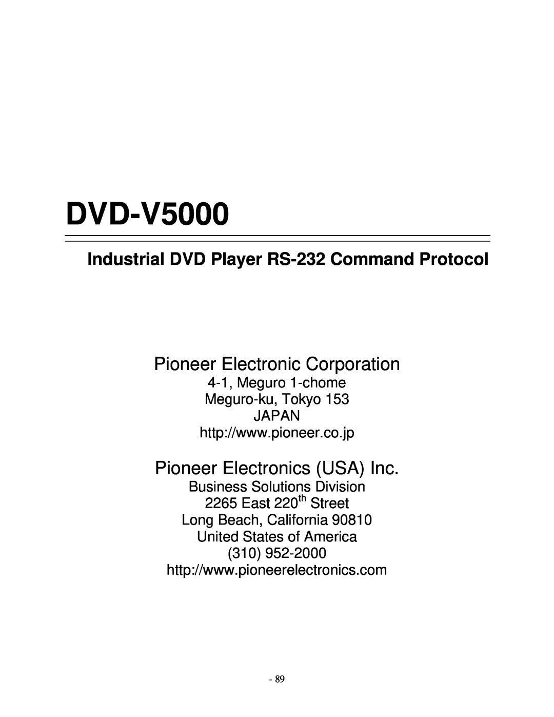 Pioneer RS-232C manual DVD-V5000, Pioneer Electronic Corporation, Pioneer Electronics USA Inc 