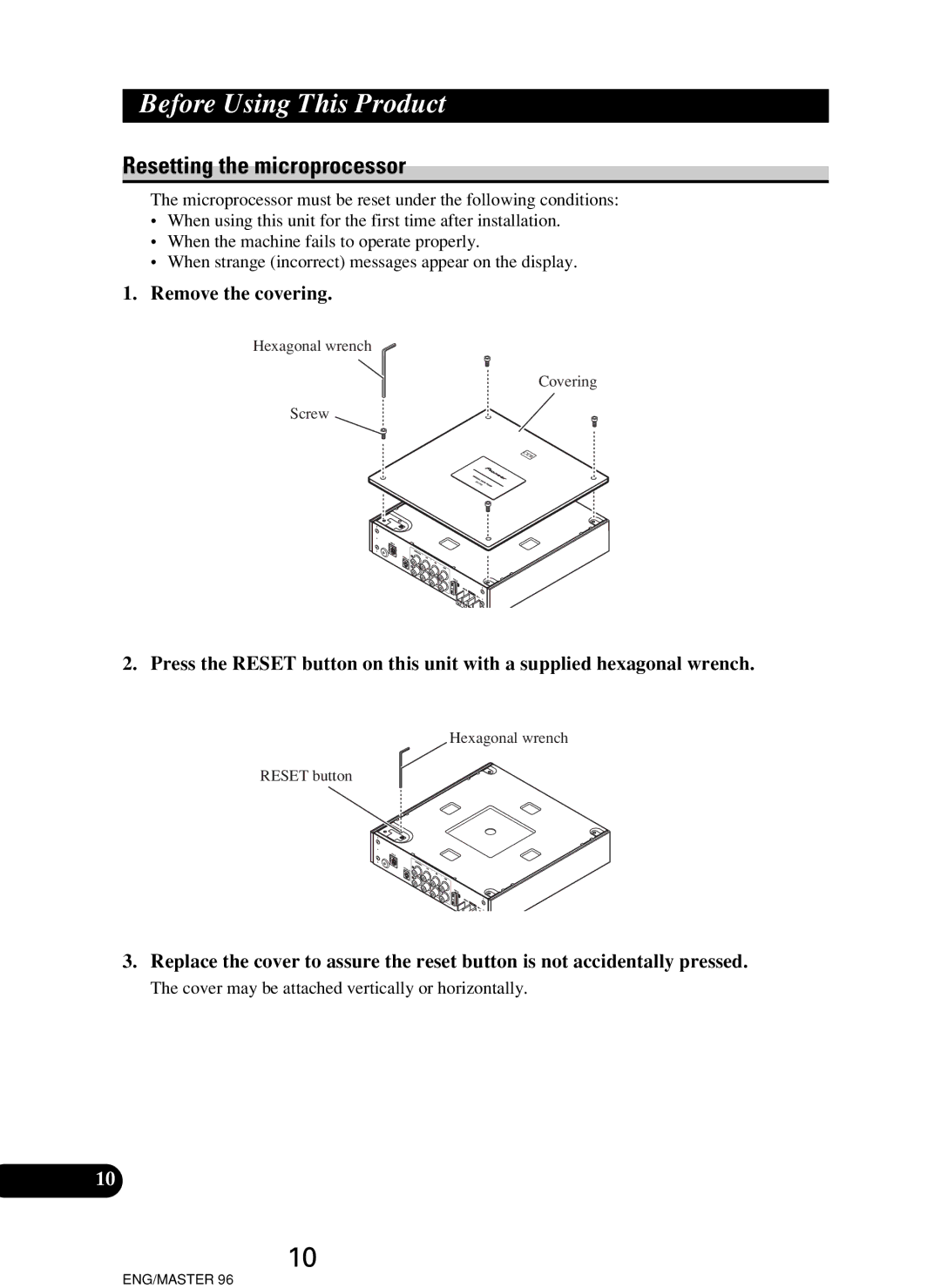 Pioneer RS-P90, RS-D7R owner manual Resetting the microprocessor, Remove the covering 