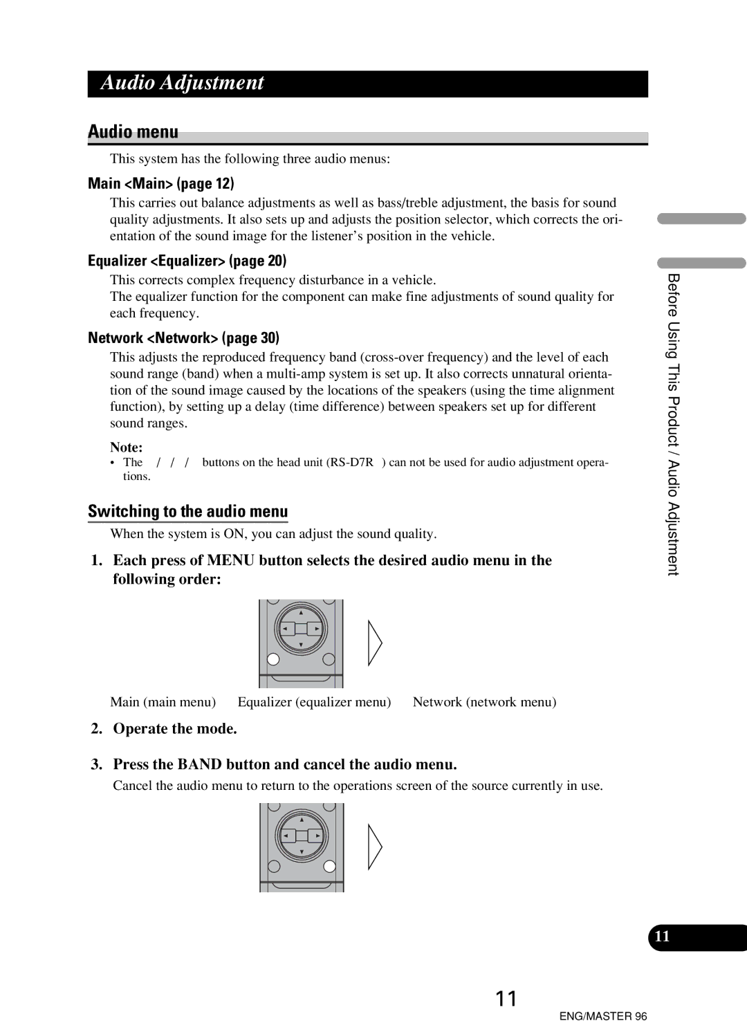 Pioneer RS-D7R, RS-P90 owner manual Audio Adjustment, Audio menu, Switching to the audio menu 