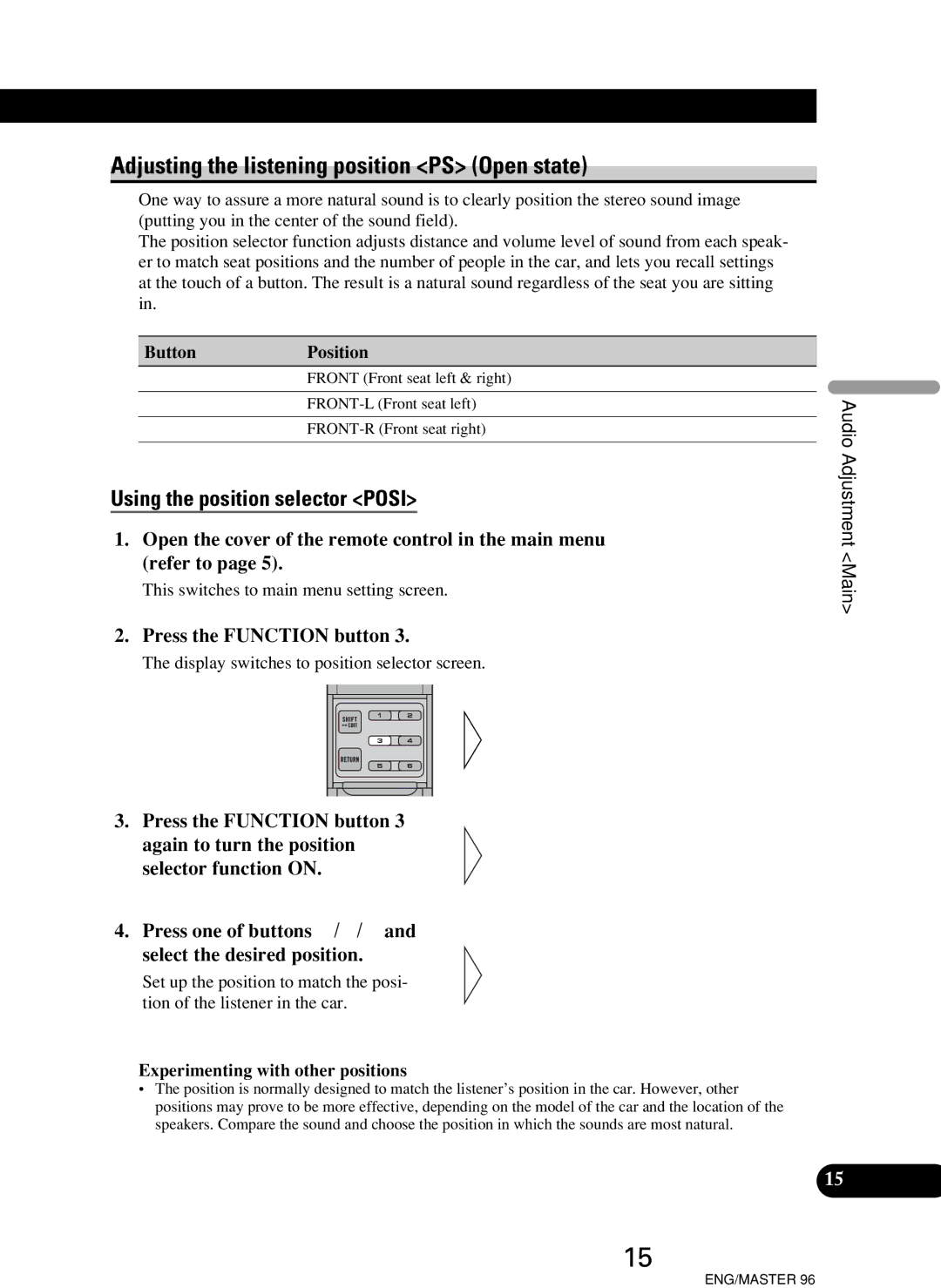 Pioneer RS-D7R, RS-P90 Adjusting the listening position PS Open state, Using the position selector Posi, Button Position 