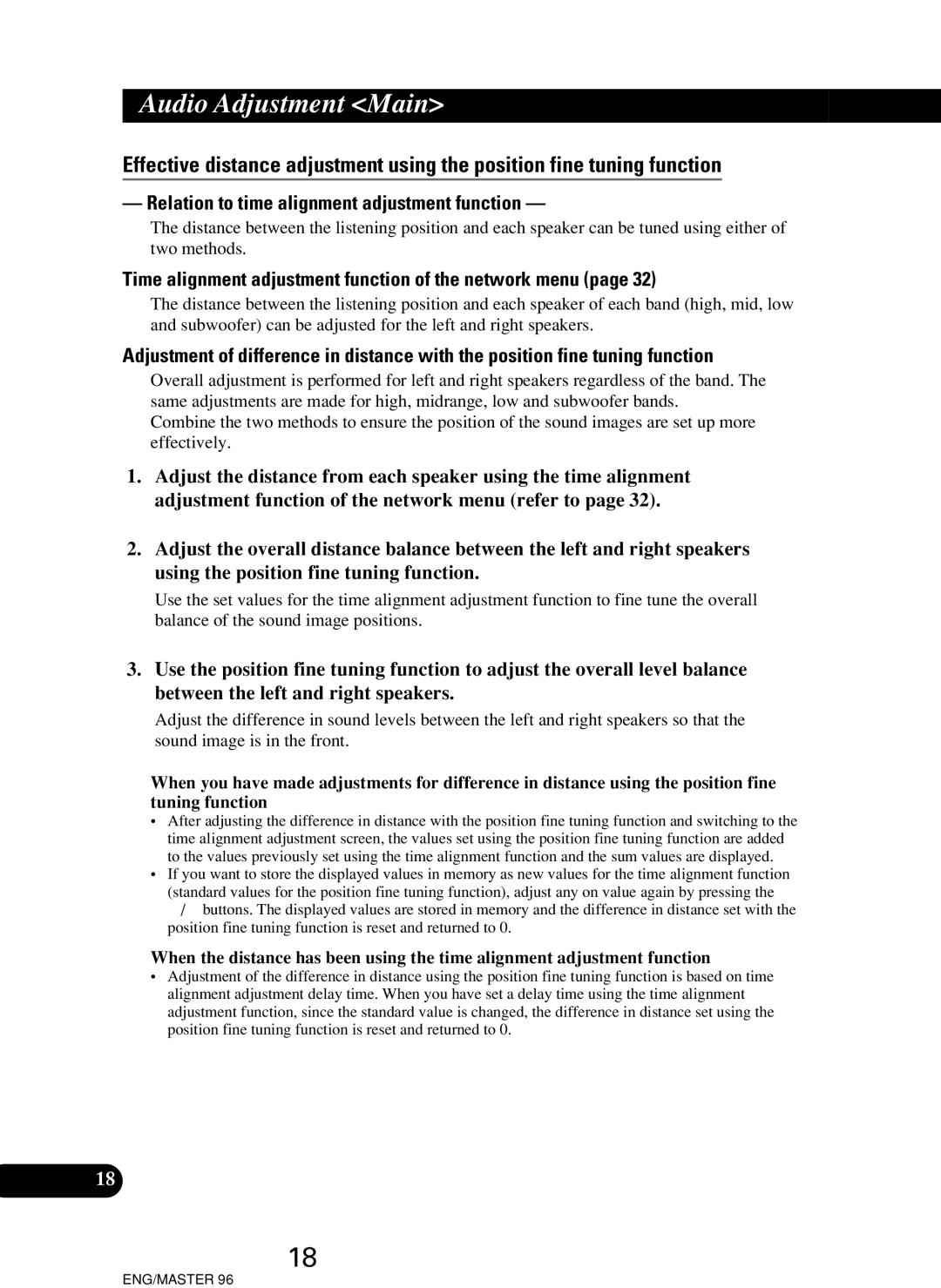 Pioneer RS-P90 Relation to time alignment adjustment function, Time alignment adjustment function of the network menu 