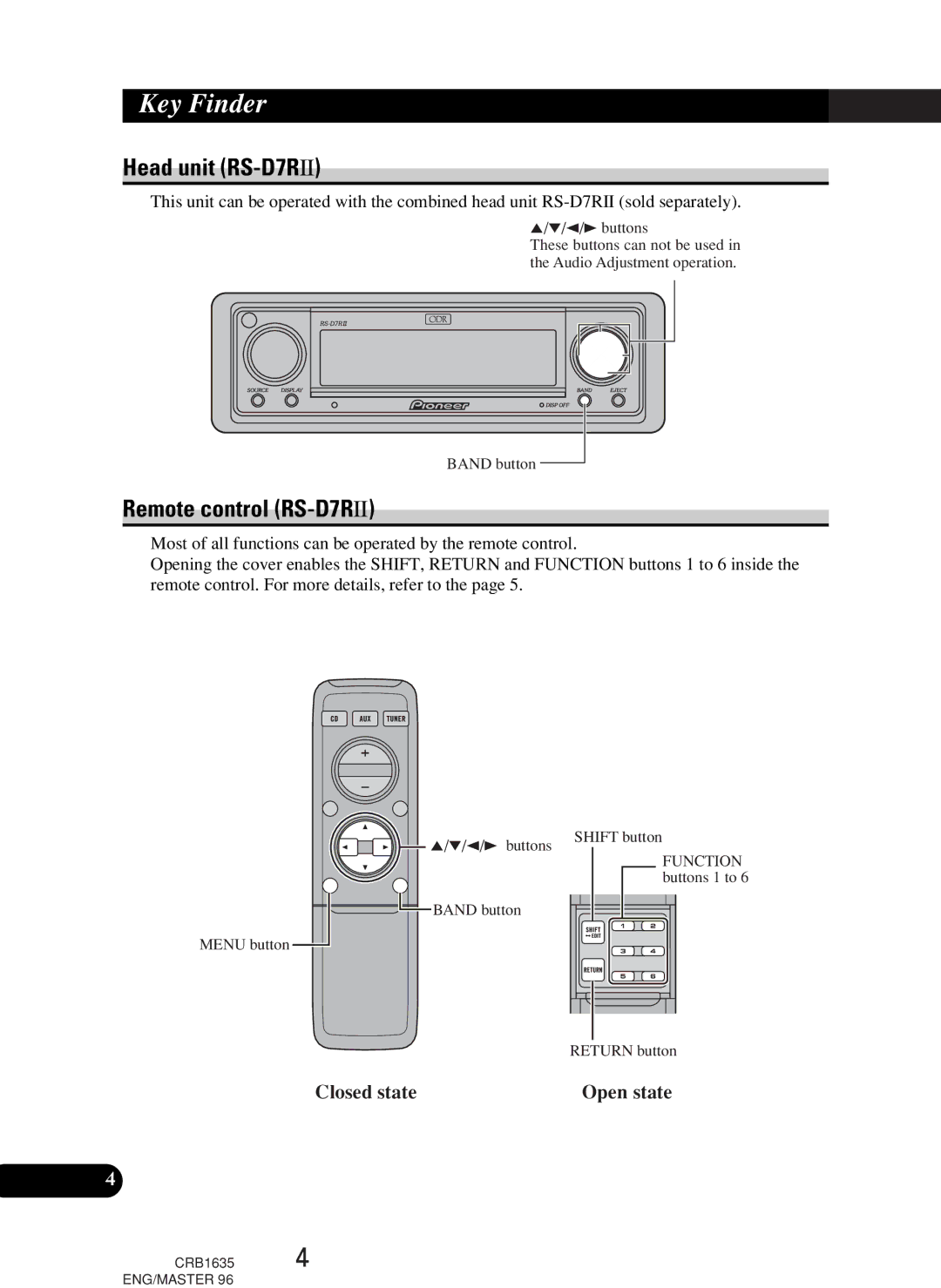 Pioneer RS-P90 owner manual Key Finder, Head unit RS-D7R, Remote control RS-D7R, Closed state Open state 