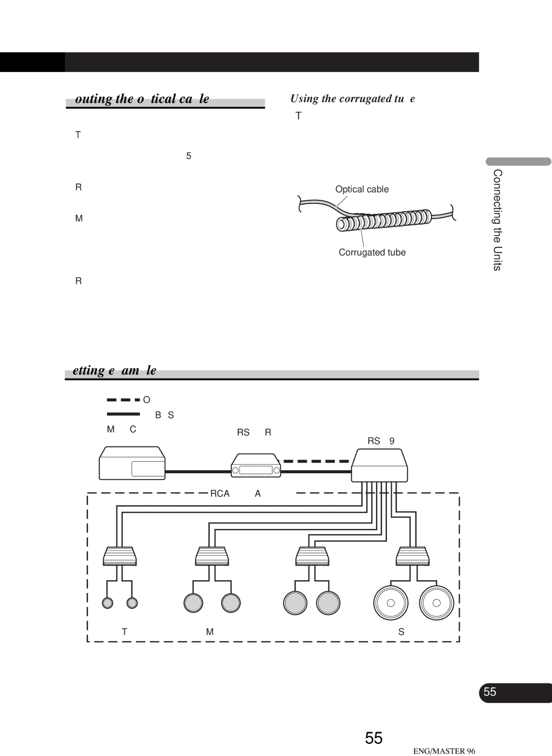 Pioneer RS-D7R, RS-P90 Routing the optical cable, Setting example, Using the corrugated tube, Connecting the Units 