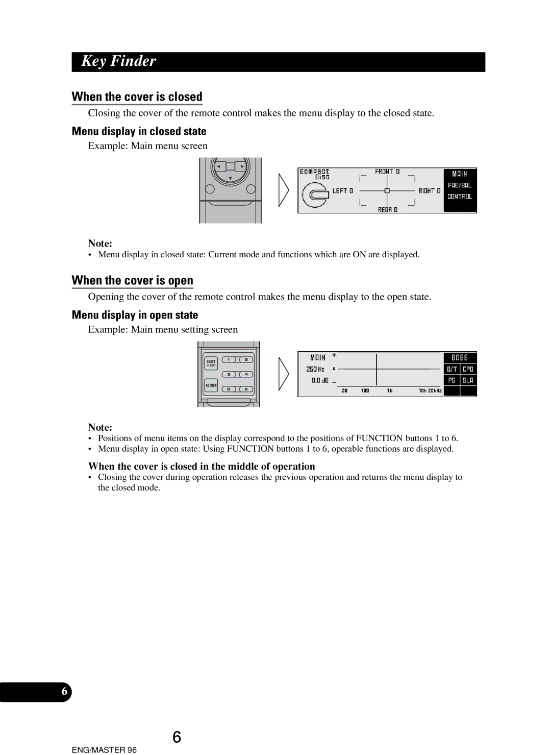 Pioneer RS-P90 When the cover is closed, When the cover is open, Menu display in closed state, Menu display in open state 