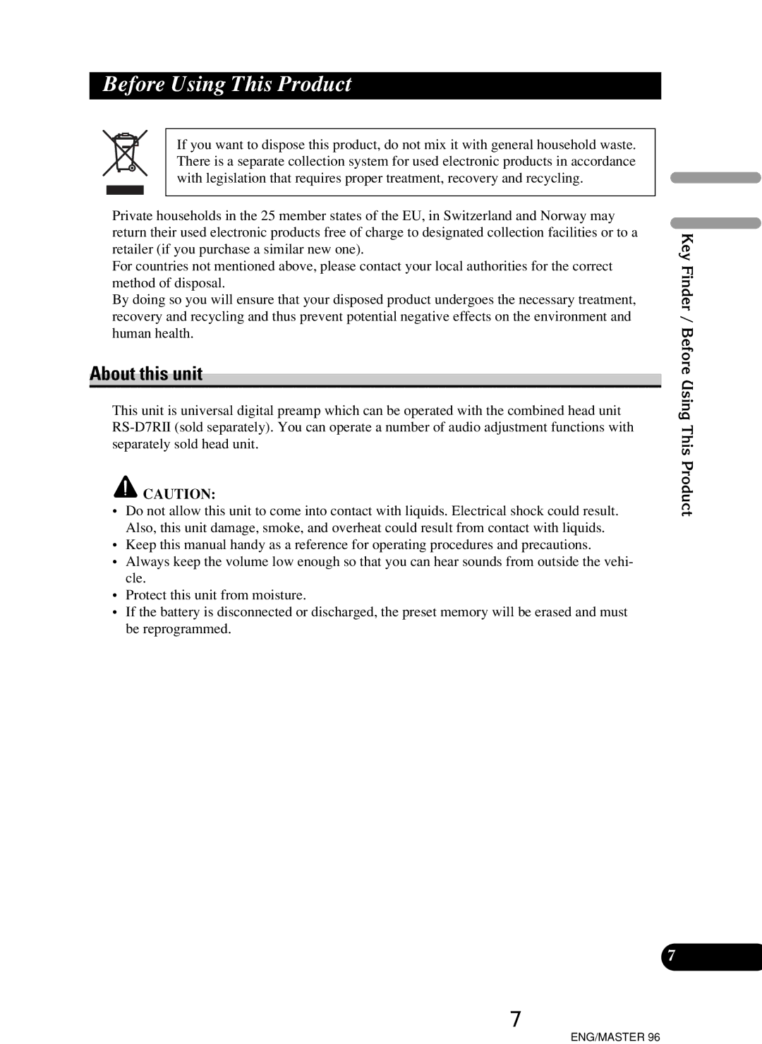 Pioneer RS-D7R, RS-P90 owner manual About this unit, Key Finder / Before Using This Product 