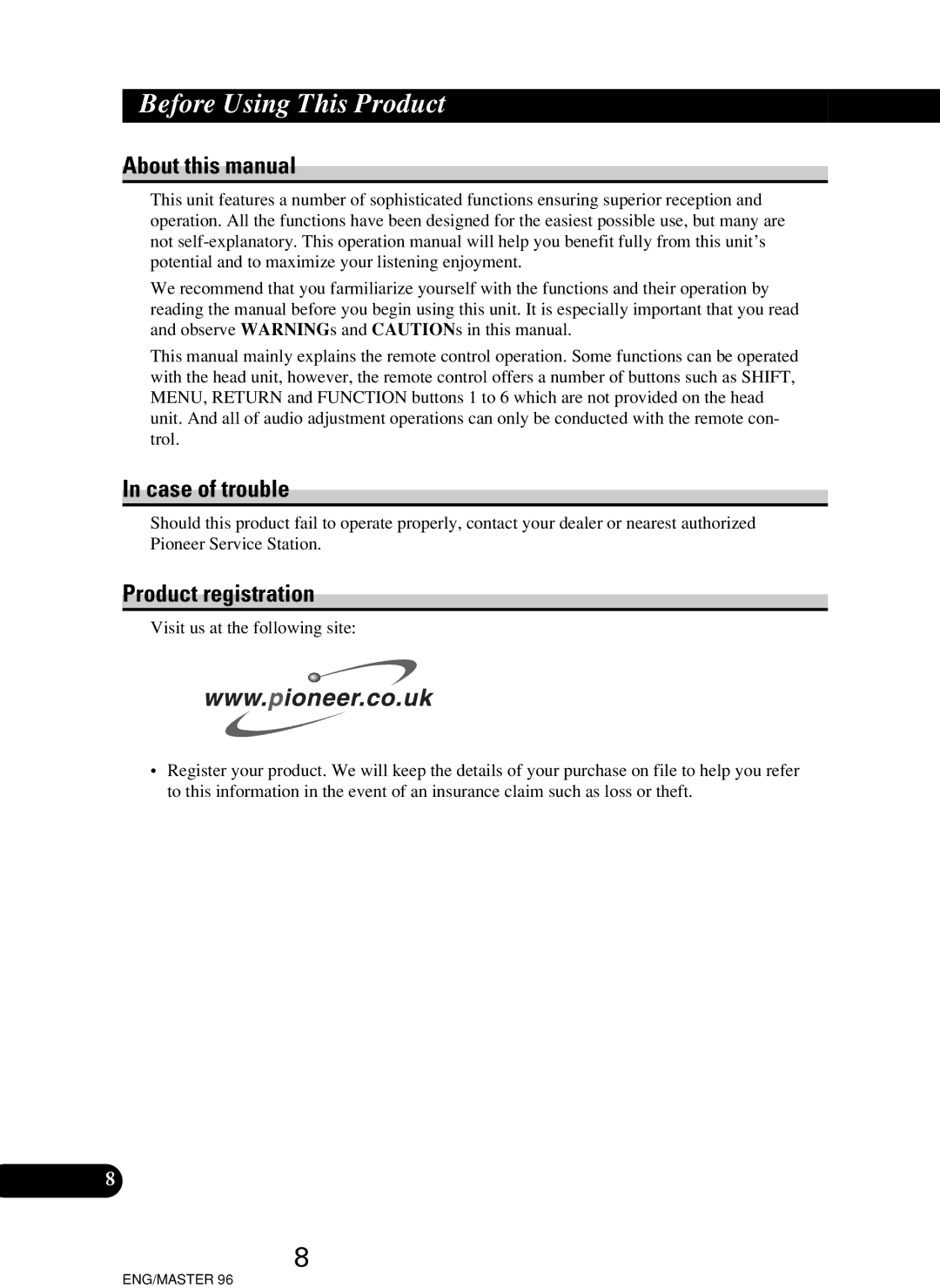 Pioneer RS-P90, RS-D7R owner manual About this manual, Case of trouble, Product registration 