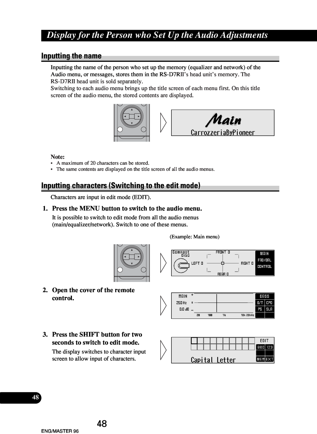 Pioneer RS-P90, RS-D7R owner manual Display for the Person who Set Up the Audio Adjustments, Inputting the name 